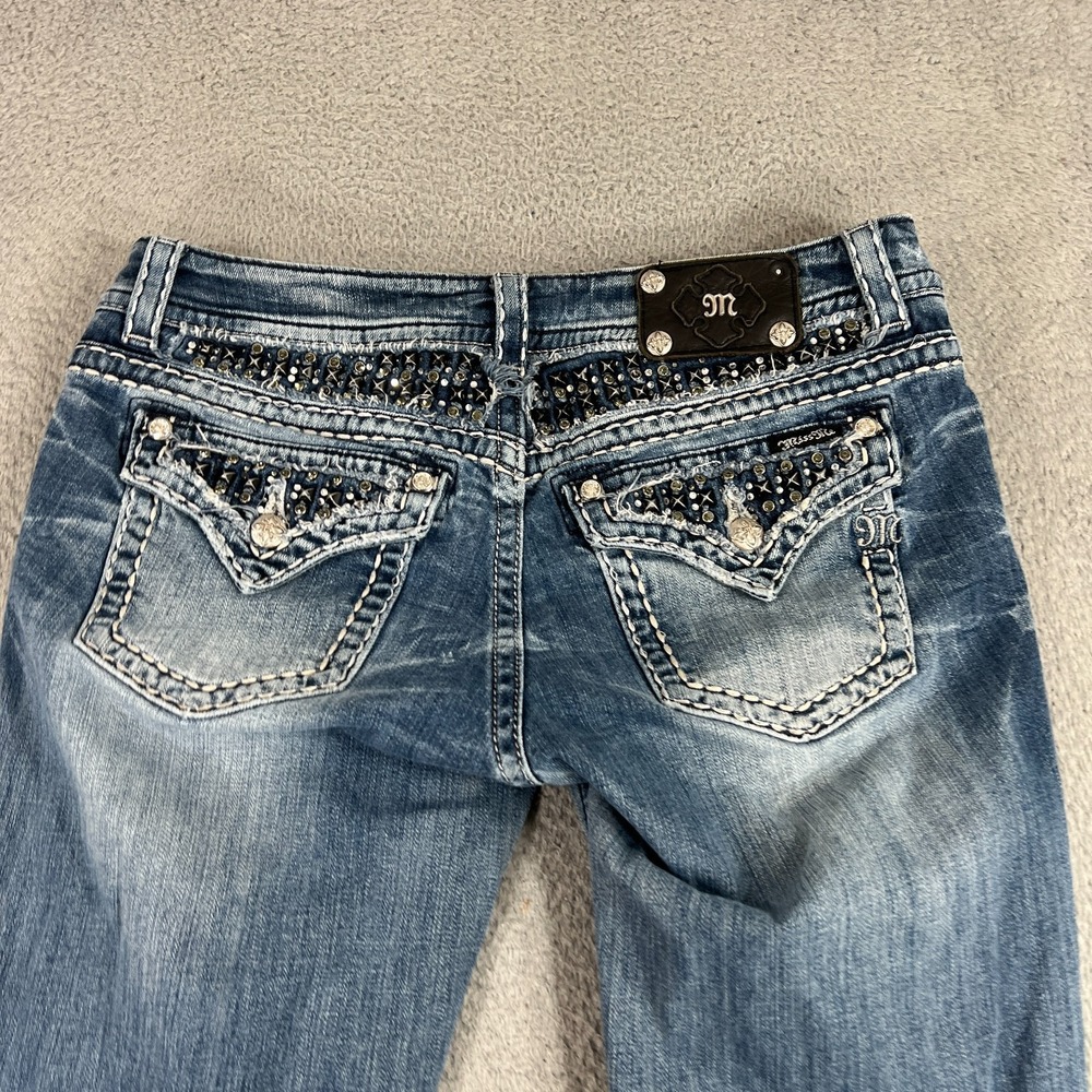 Miss Me Jeans Womens 31 Easy Boot Mid Rise Embellished Rhinestone Blue Denim - Picture 11 of 14